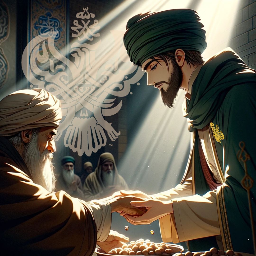 A sufi student taking the hand of his Shaykh