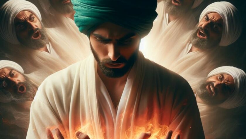 A sufi surrounded by angry heads with fire in his hands