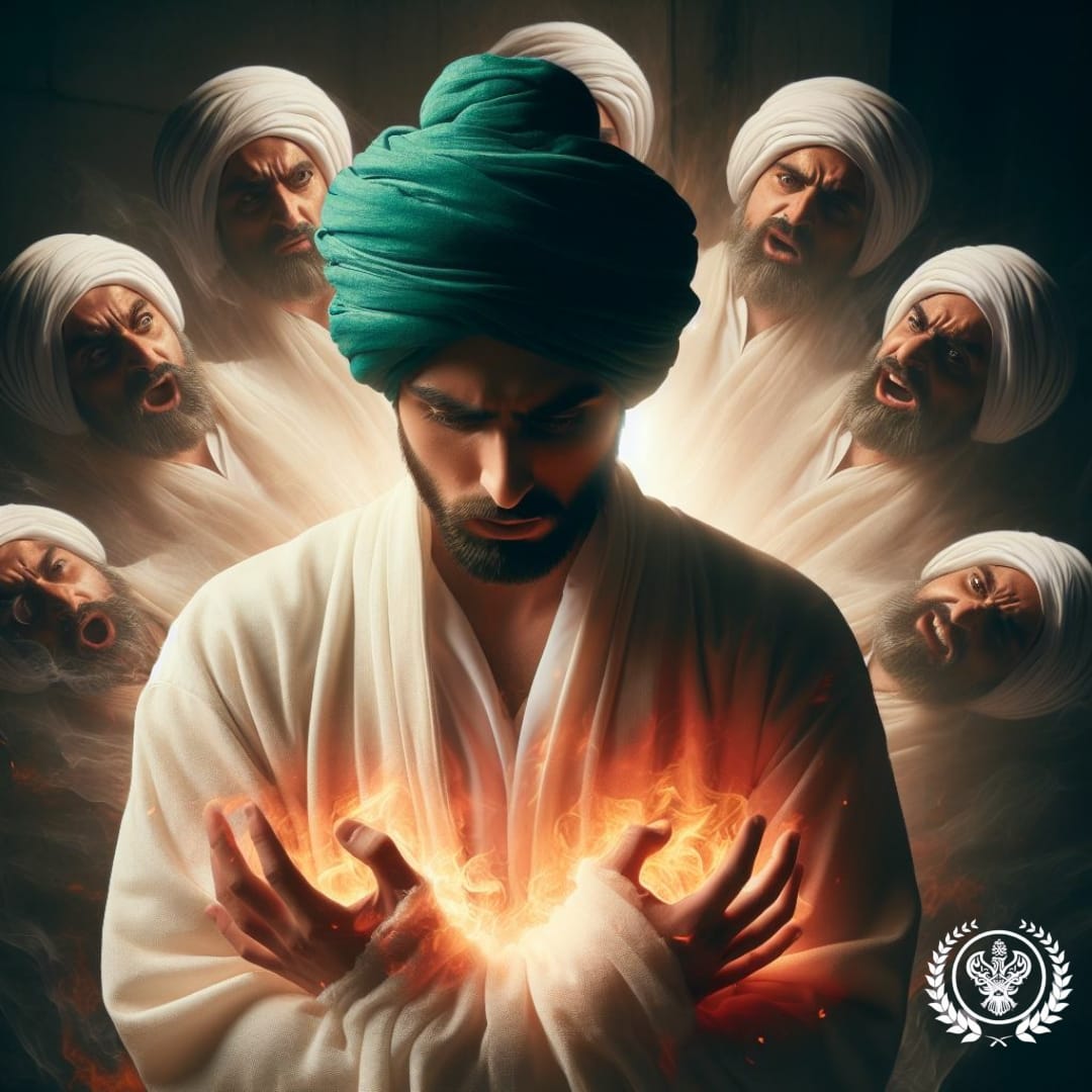 A sufi surrounded by angry heads with fire in his hands