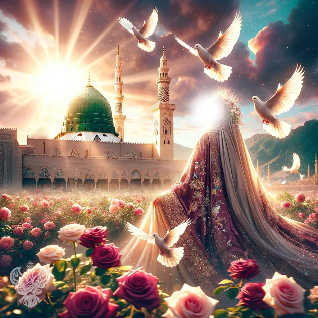 A sufi woman in a flower garden with the green dome and white birds flying around