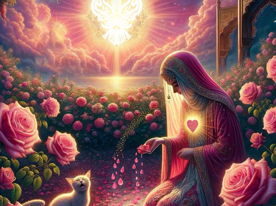 A sufi woman in pink with a pink shining heart and pink flowers and a white cat