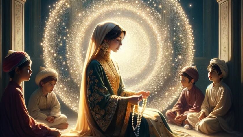 A sufi woman with four children around her with a circle of light