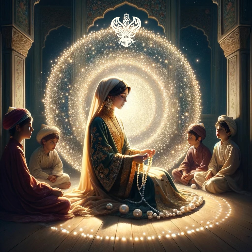 A sufi woman with four children around her with a circle of light