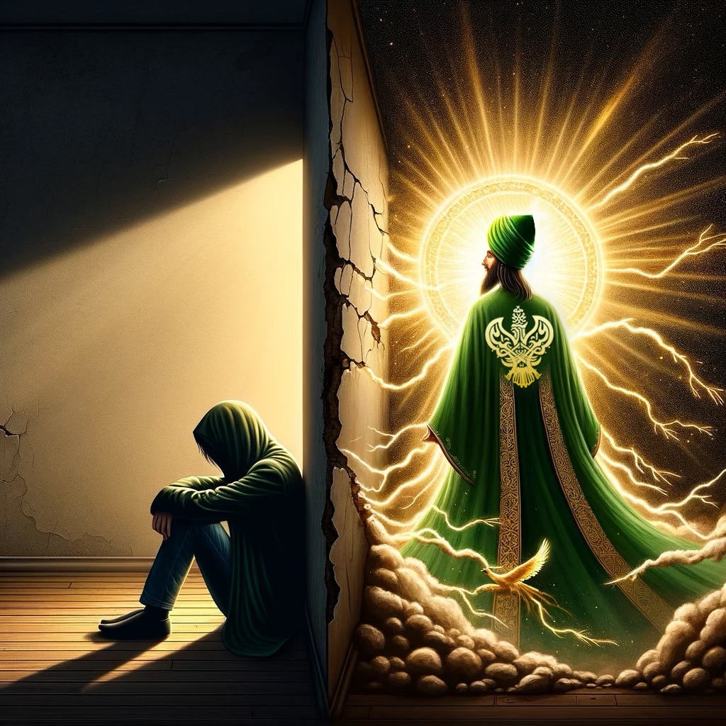 A wall separating a Sufi man in light and a man sitting in darkness