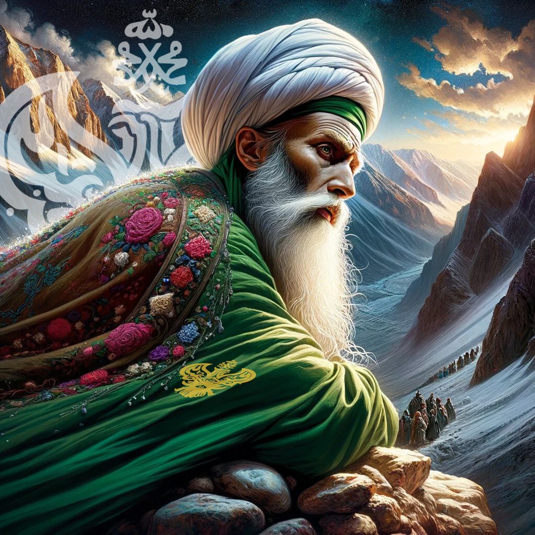 An sufi saint of a certain age on a mountain in green and white