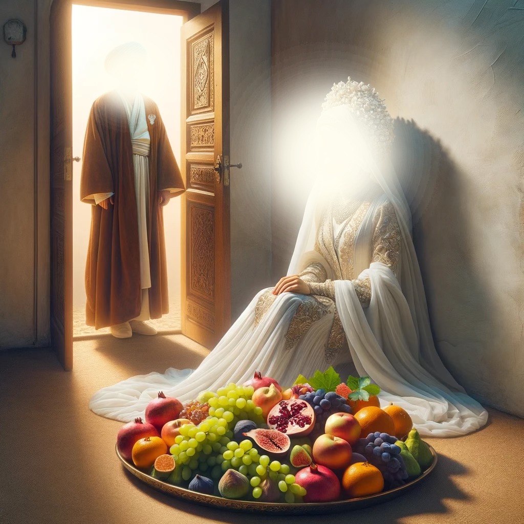 A blessed man entering the sanctuary of a blessed woman in white with fruits next to her