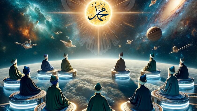 A group sufis on top of the world sitting on futuristic seats facing towards the light and sun