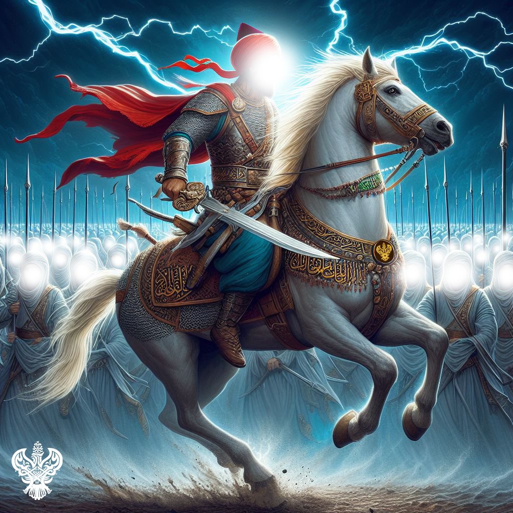 A religious figure on a white horse riding in battle with lightening and an army in the background