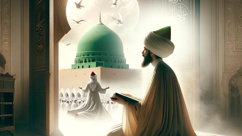 A sufi below a green dome with a book in his hand