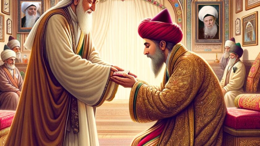 A sufi kneeling and giving a gift to his Shaykh (Q)