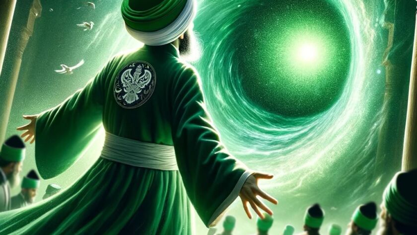 A sufi man reaching towards a green Blackhole