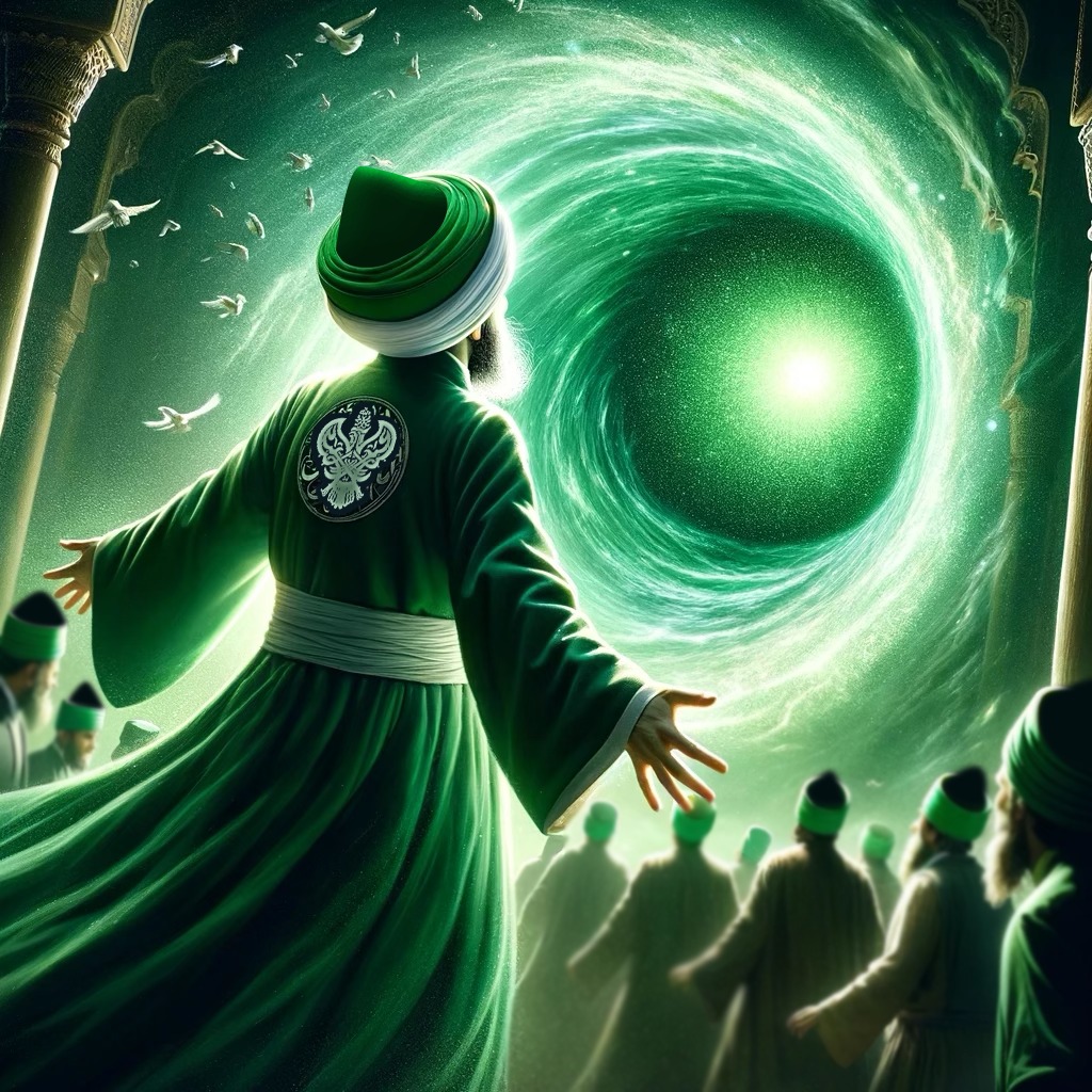 A sufi man reaching towards a green Blackhole