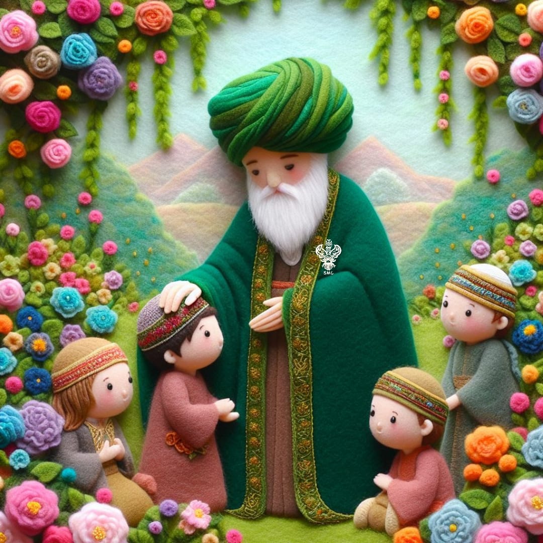 A cartoon sufi with sufi kids in a garden of flowers