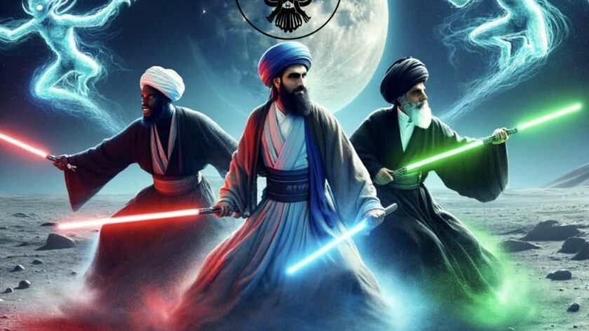 A group of three sufi with swords of light being caretakers of humanity