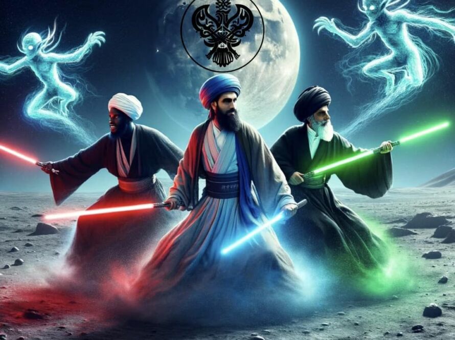 A group of three sufi with swords of light being caretakers of humanity