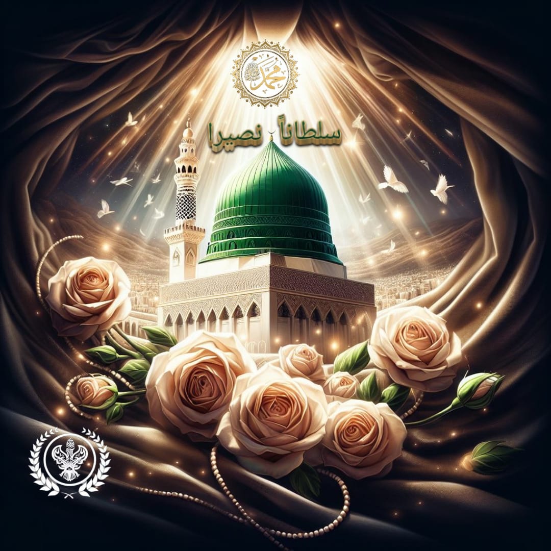A image of the green dome with light shining from above and pink flowers