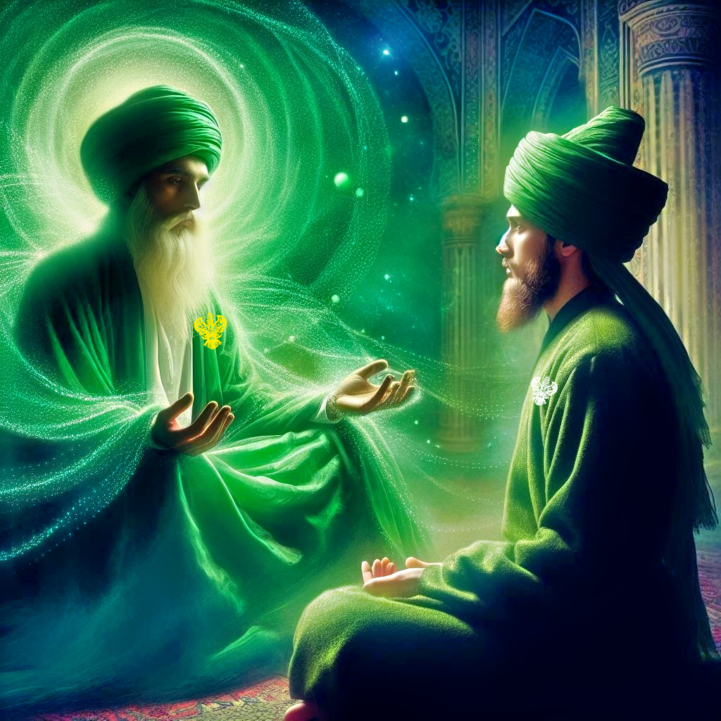 A sufi in room with student surrounded by green light