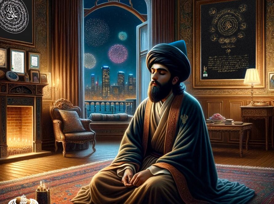 A sufi man contemplating in his room with fireworks happening outside seen from the window