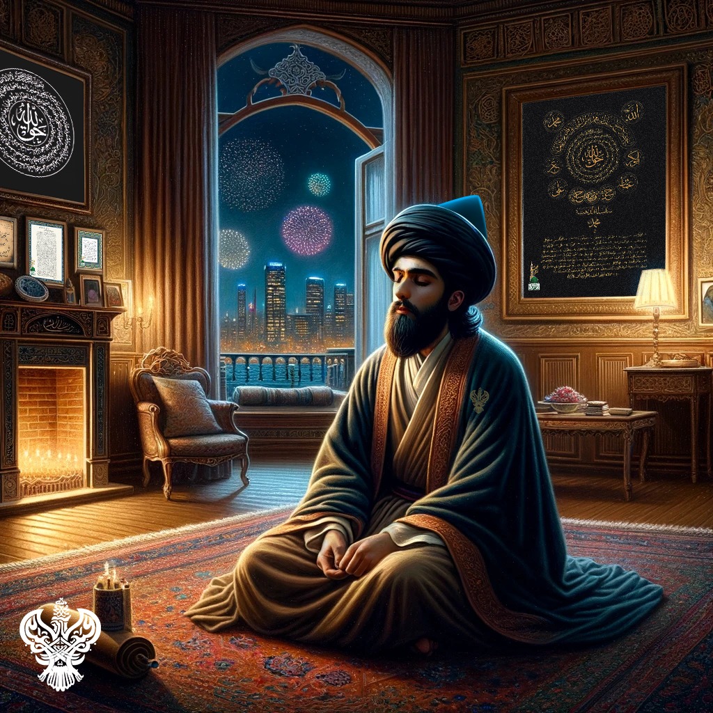 A sufi man contemplating in his room with fireworks happening outside seen from the window