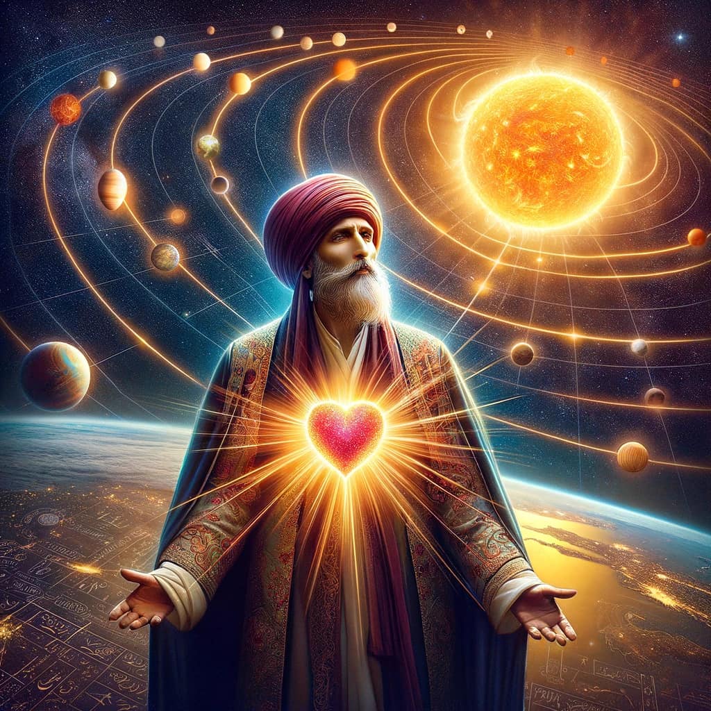 A sufi man in space and his red golden heart in orbit around the sun