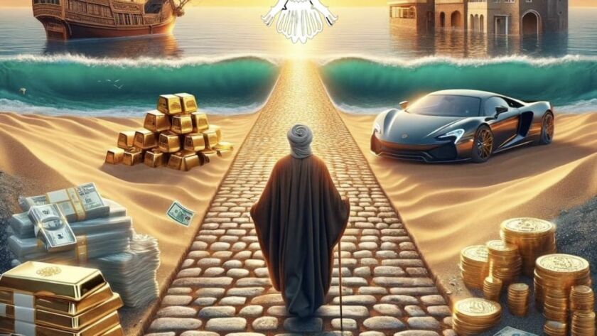 A sufi man walking on a path surrounded by worldly riches