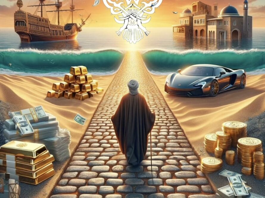 A sufi man walking on a path surrounded by worldly riches