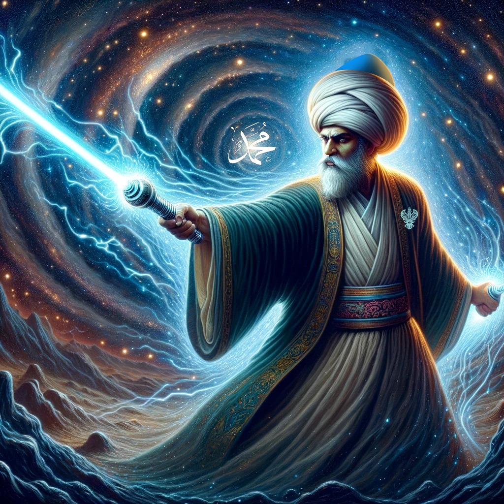 A sufi warrior with a blue sword of energy