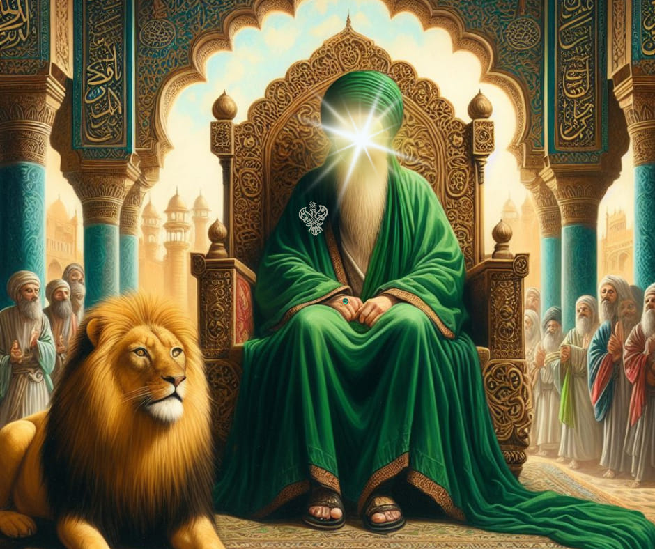 A man with light sitting on a throne with a lion besides him