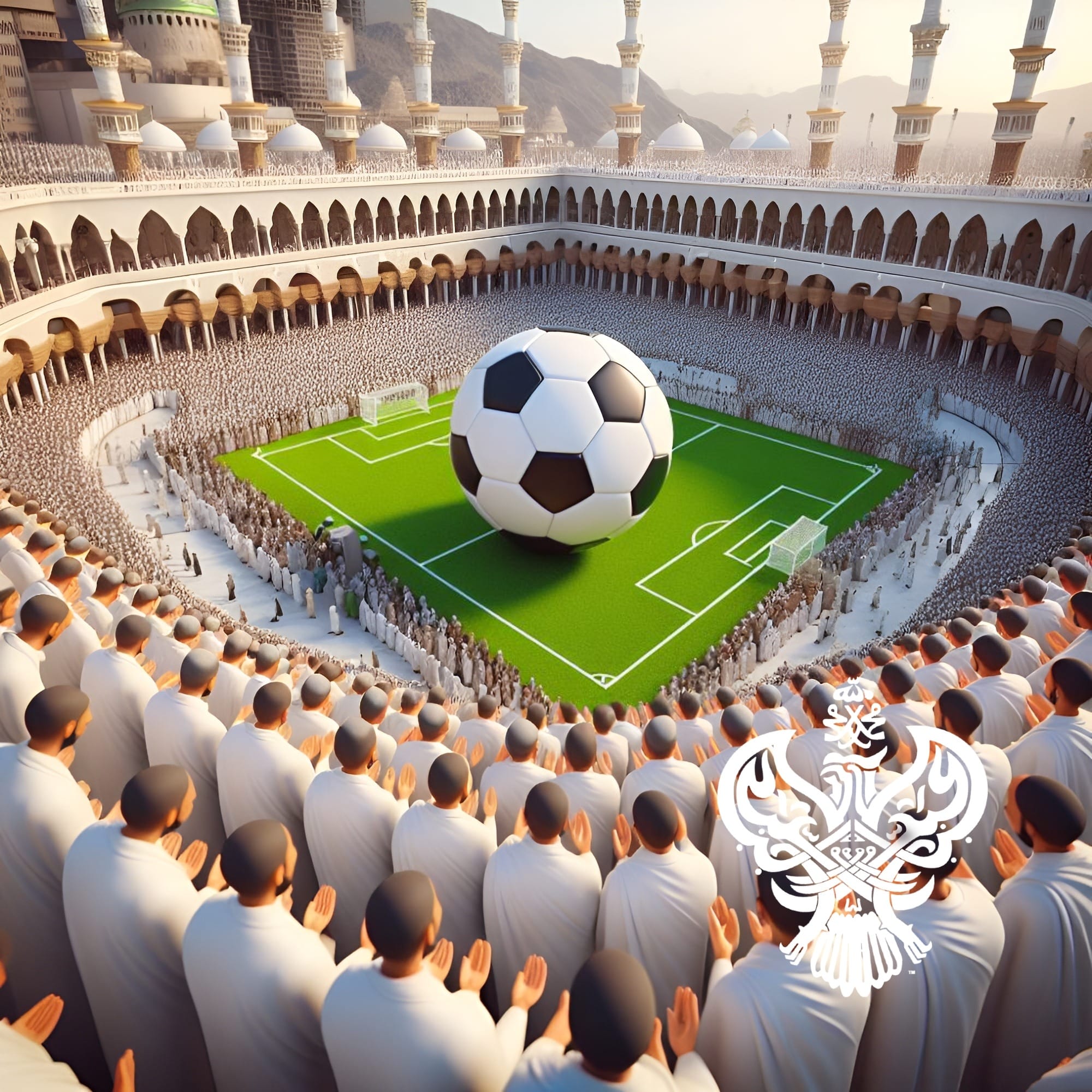 A stadium of men in religious clotes praying to a soccer ball