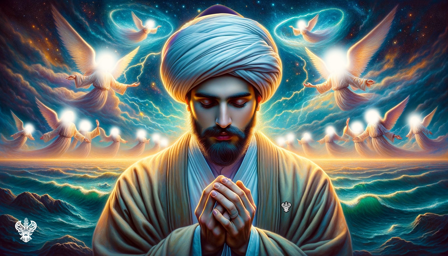 A sufi man praying with winged beings in an ocean of power