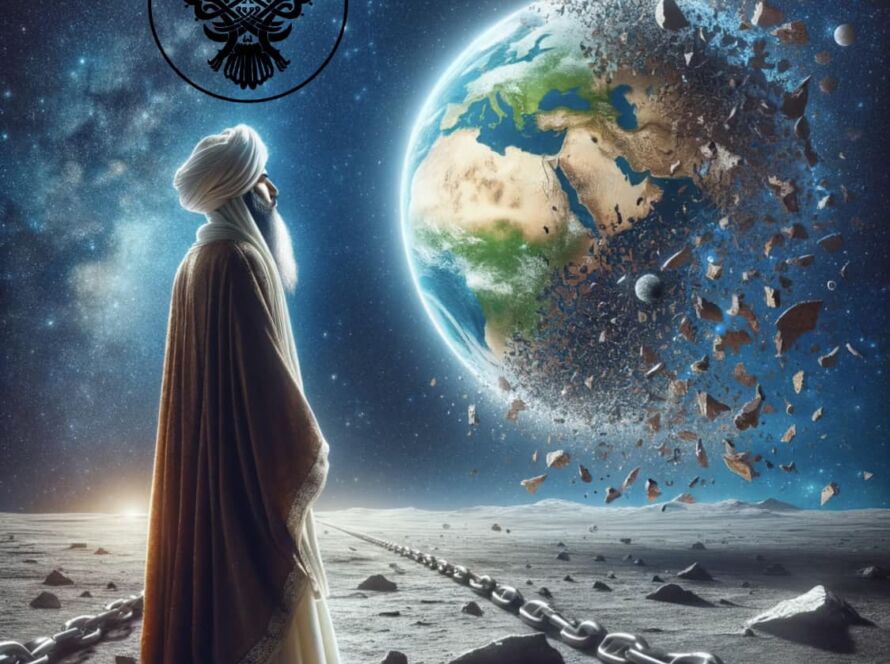 A man on the moon with chains on the surface and the earth destroyed in the distance