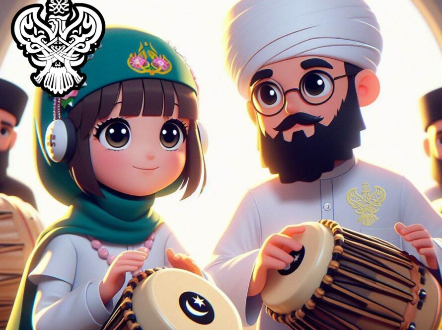A sufi man and child playing drums in Mawlid