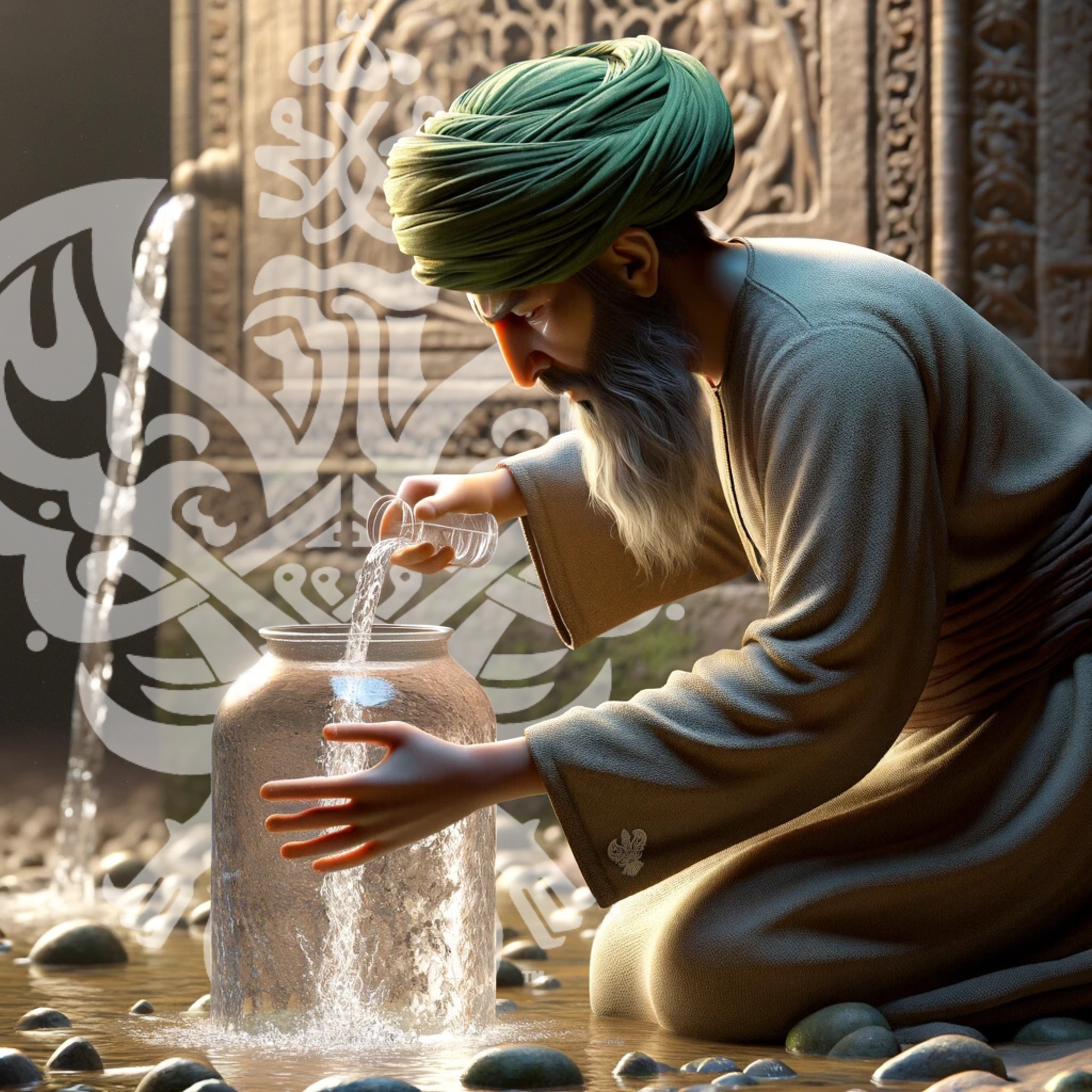 A sufi man pouring water into a jug