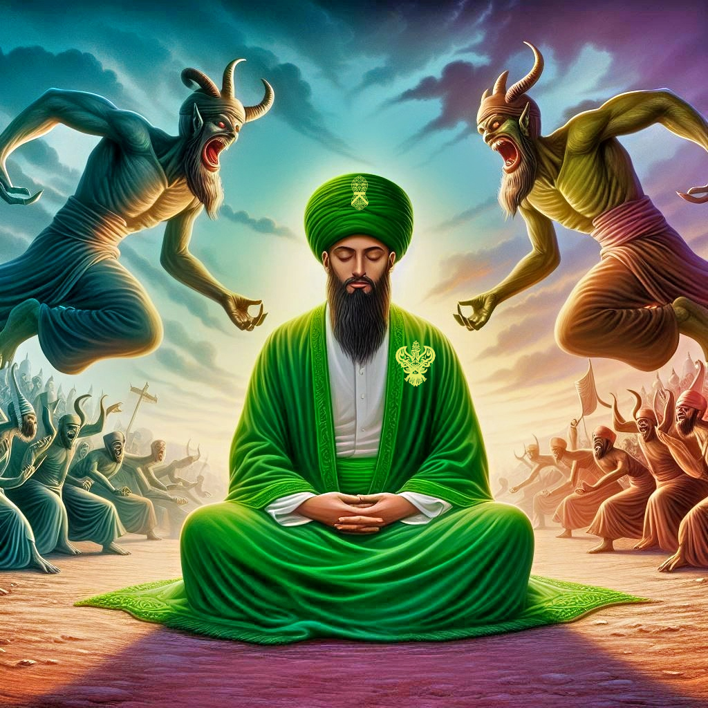 A sufi meditating and asking for Madad while creatures fight