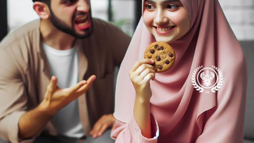 A man who is angry at a woman in pink smiling holding a cookie