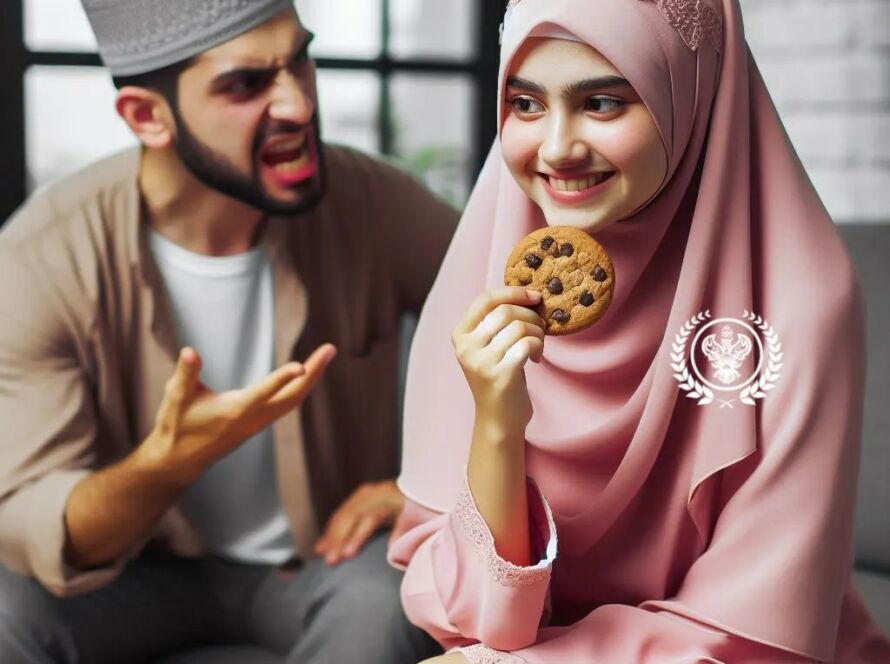 A man who is angry at a woman in pink smiling holding a cookie