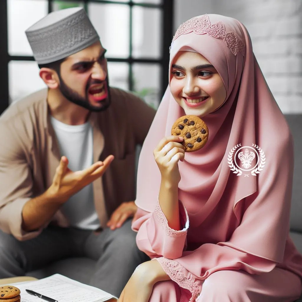 A man who is angry at a woman in pink smiling holding a cookie