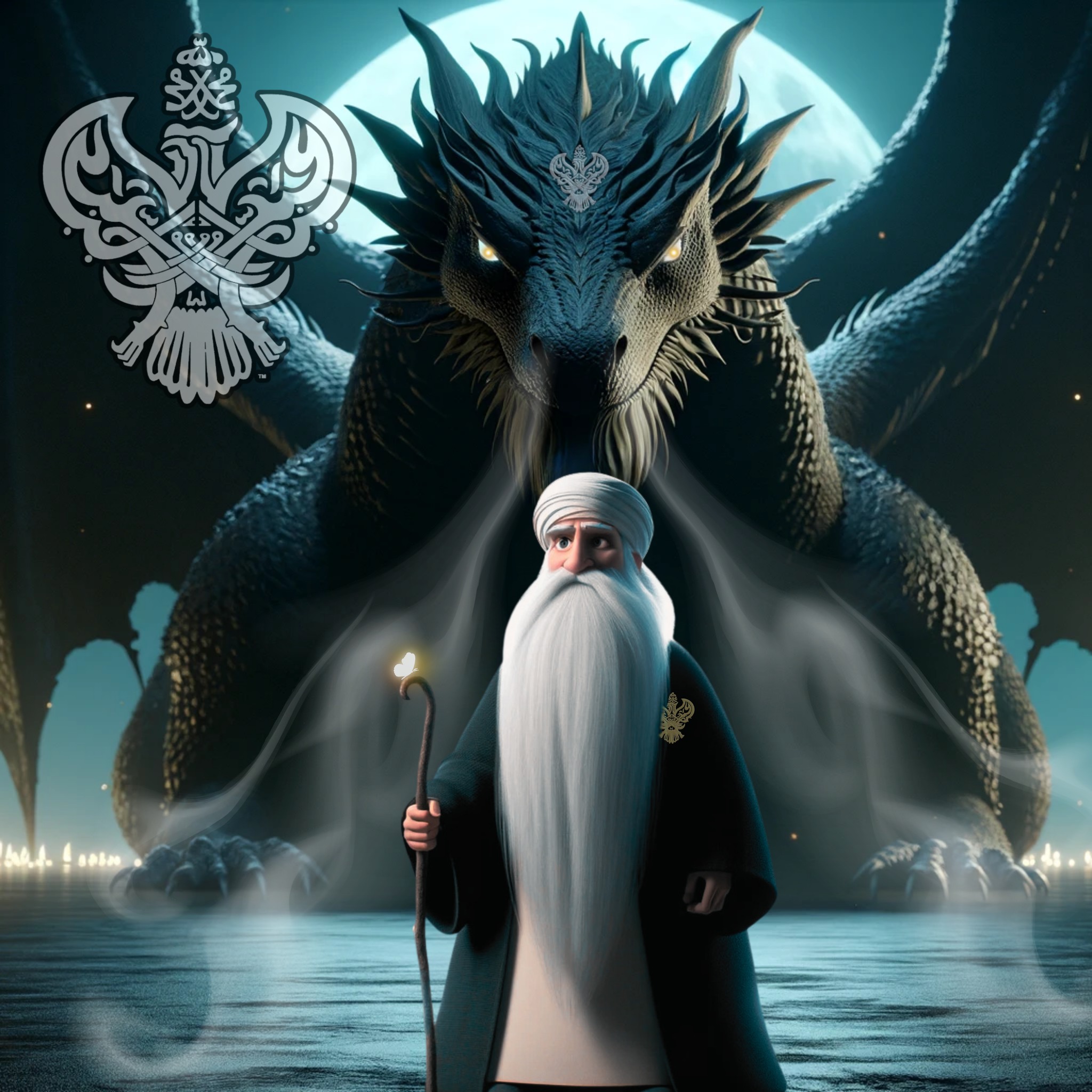 A sufi Shaykh with long beard and dragon