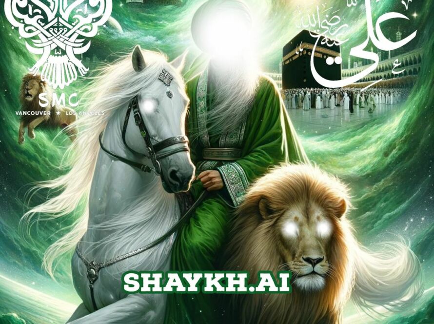 A sufi image with a holy man, a lion and a horse with kaaba in the background