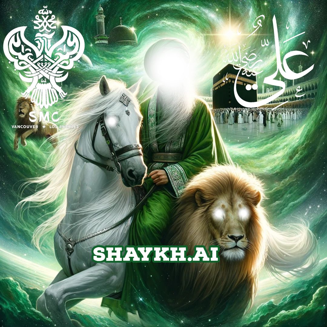 A sufi image with a holy man, a lion and a horse with kaaba in the background