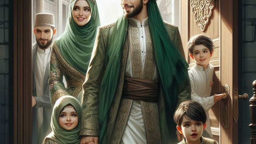 A sufi man entering his home with his family