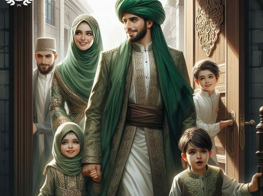 A sufi man entering his home with his family