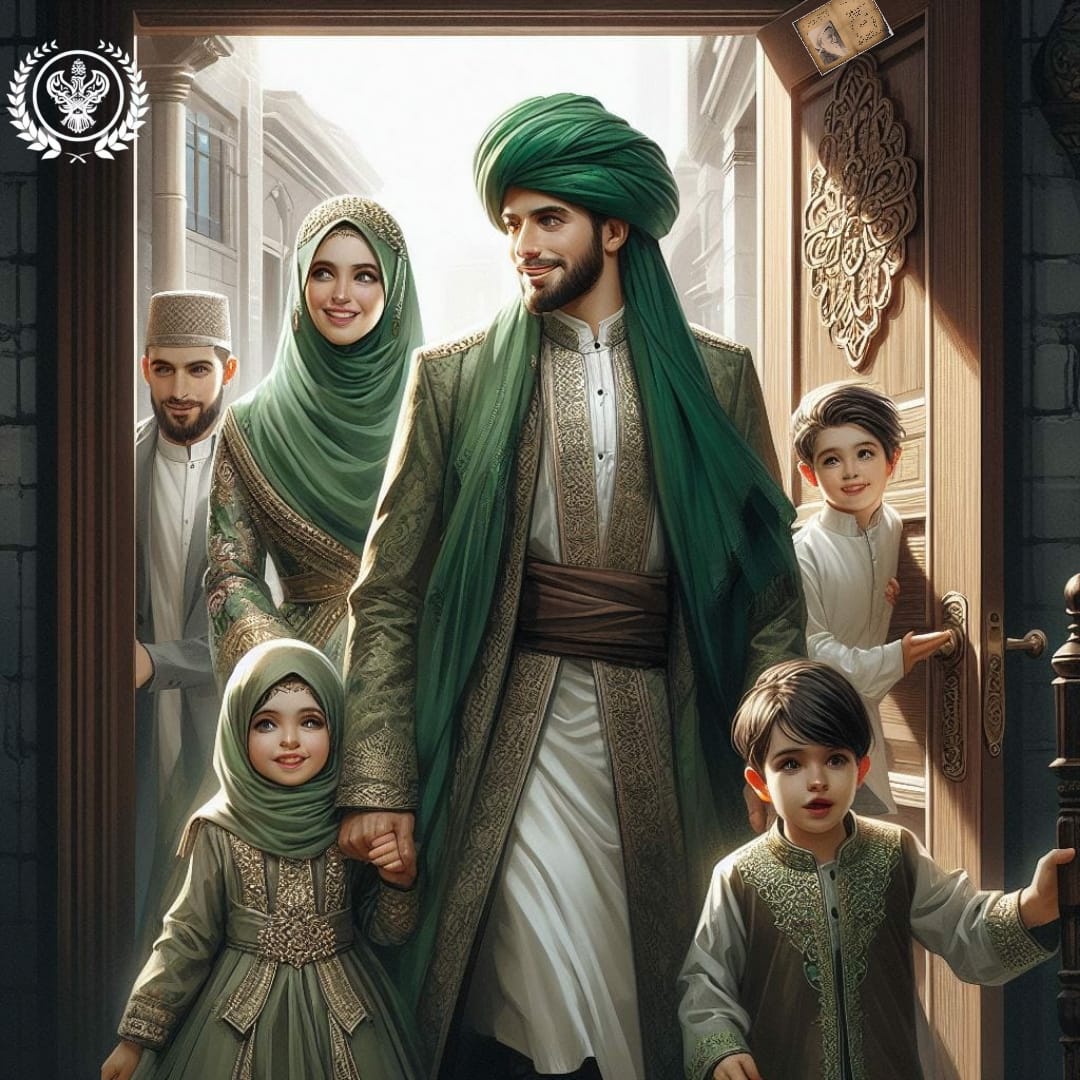 A sufi man entering his home with his family