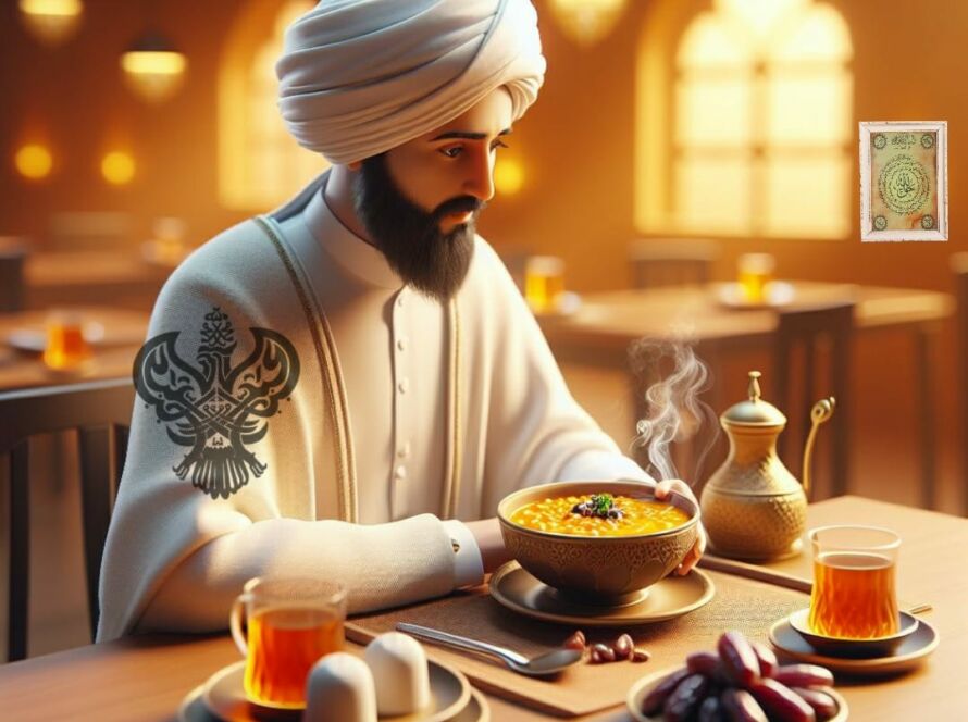 A sufi man on the 40 day diet with lentil and dates with tea