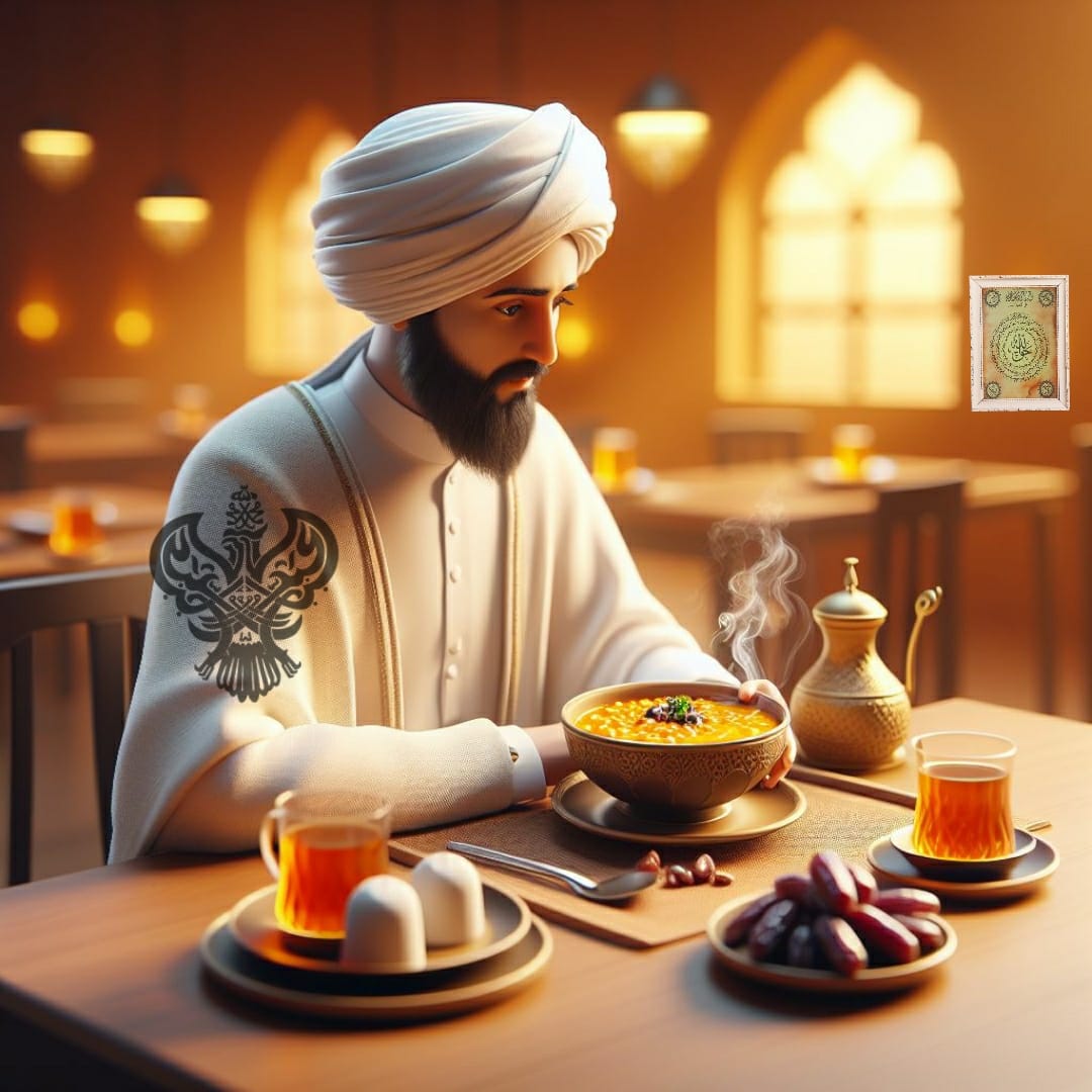 A sufi man on the 40 day diet with lentil and dates with tea