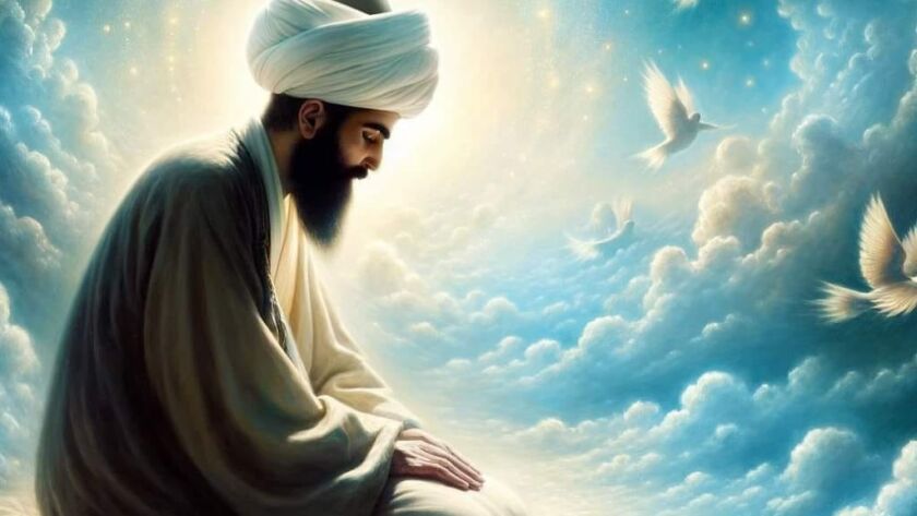 A sufi meditating in the sky with birds flying