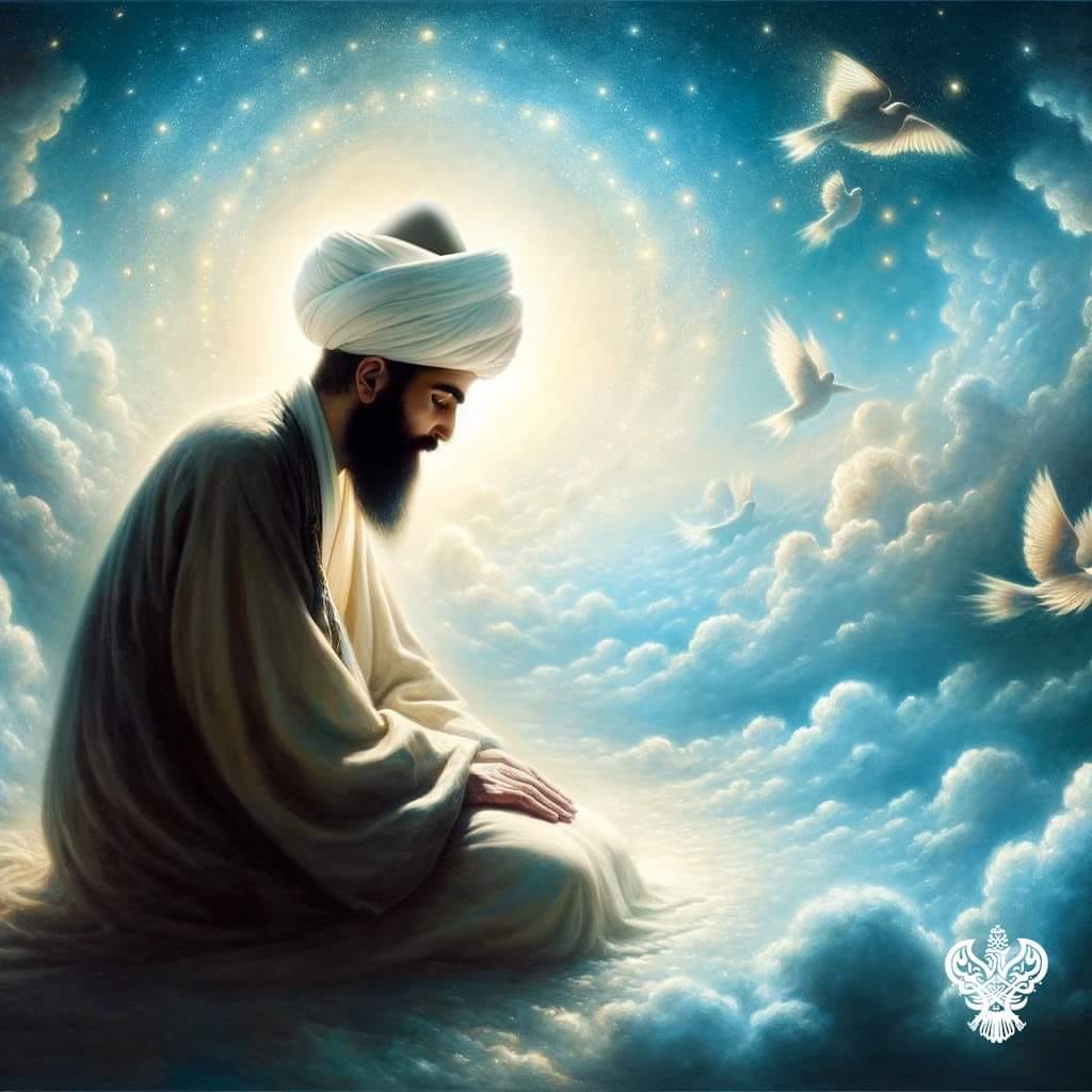 A sufi meditating in the sky with birds flying