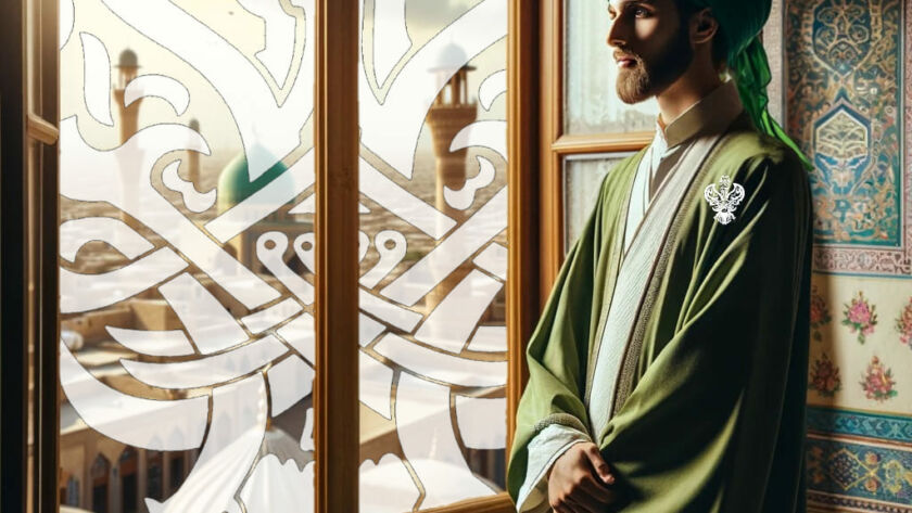 A sufi modestly standing by a window overlooking the green dome