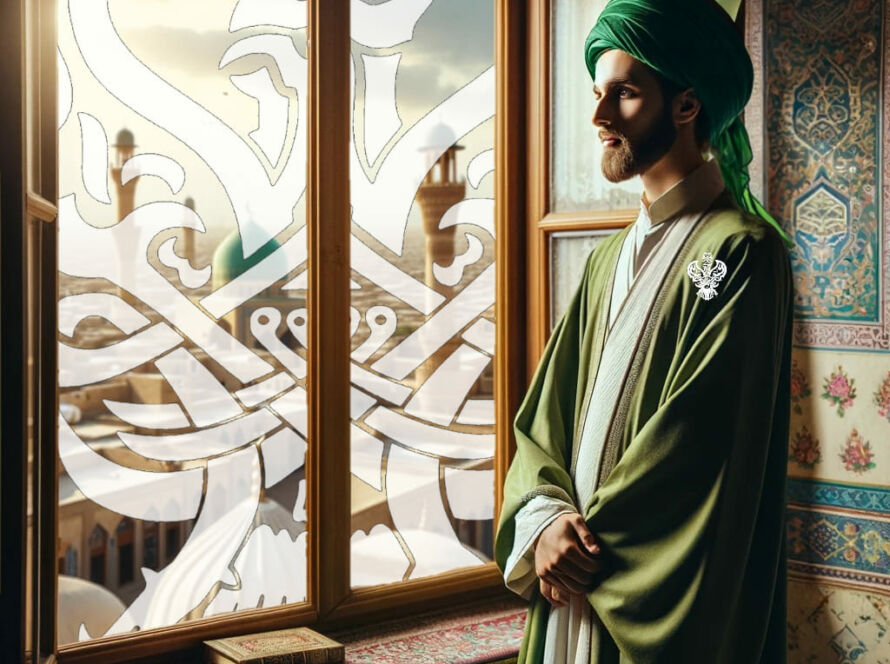 A sufi modestly standing by a window overlooking the green dome