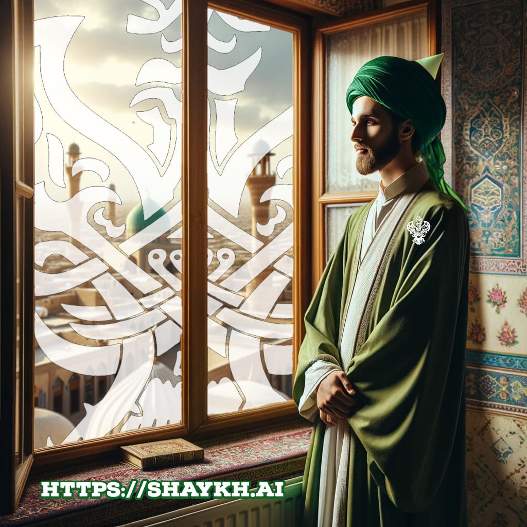 A sufi modestly standing by a window overlooking the green dome